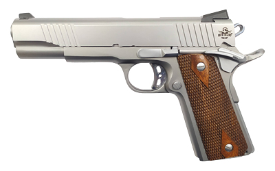 ROCK ISLAND 51414 ROCK STANDARD FS *CA COMPLIANT 45 ACP CALIBER WITH 5" BARREL, 8+1 CAPACITY, OVERALL MATTE STAINLESS STEEL FINISH, BEAVERTAIL FRAME, SERRATED SLIDE & DOUBLE CHECKERED WOOD GRIP