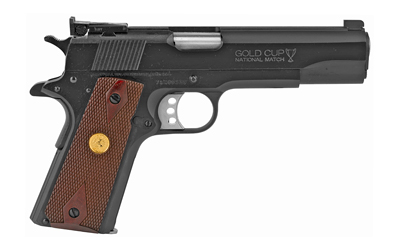 COLT MFG O5873A1 1911 GOLD CUP 38 SUPER CALIBER WITH 5" NATIONAL MATCH BARREL, 9+1 CAPACITY, OVERALL BLUED FINISH STEEL, SERRATED SLIDE & DOUBLE DIAMOND CHECKERED ROSEWOOD GRIP