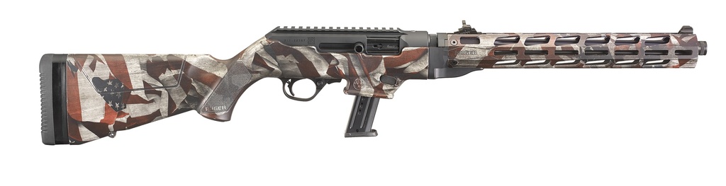 RUGER 19121 PC CARBINE  9MM LUGER 17+1 16.12" THREADED/FLUTED BARREL, AMERICAN FLAG CERAKOTE ALUMINUM ALLOY RECEIVER, AMERICAN FLAG SYNTHETIC STOCK, OPTICS READY