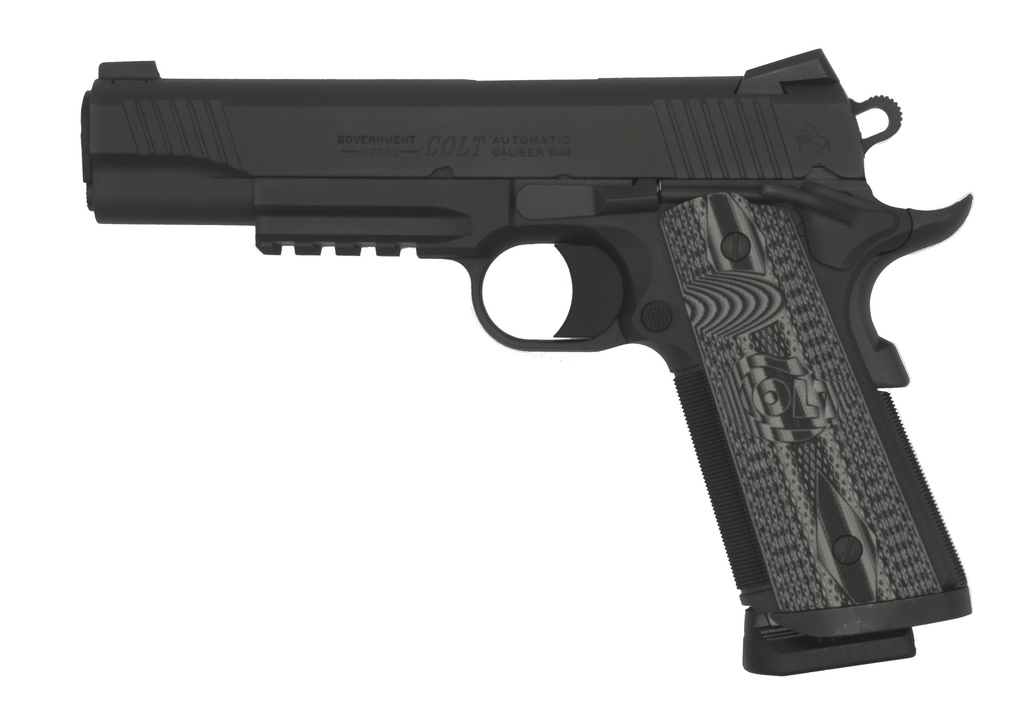 COLT MFG O1082RGCCU CCU RAIL GOVERNMENT 9MM LUGER 9+1 5" NATIONAL MATCH BARREL, MATTE BLACK DLC SERRATED STAINLESS STEEL SLIDE & FRAME W/PICATINNY RAIL, BLACK SCALLOPED G10 GRIP, AMBIDEXTROUS