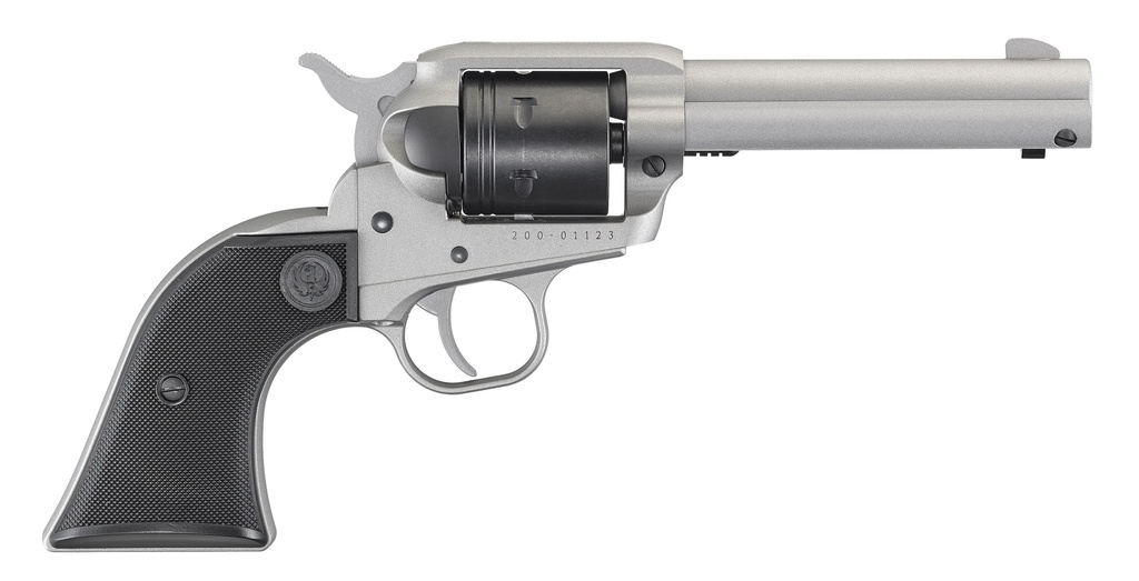 RUGER 2003 WRANGLER  22 LR 6 SHOT 4.62" SILVER CERAKOTE, SILVER CERKOATE ALUMINUM FRAME & CYLINDER BLACK CHECKERED POLYMER GRIPS