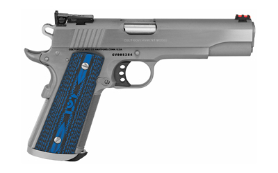COLT MFG O5073XE GOLD CUP TROPHY 38 SUPER 9+1 5" STAINLESS NATIONAL MATCH BARREL, STAINLESS STEEL SERRATED SLIDE & FRAME W/BEAVERTAIL, BLUE SCALLOPED G10 GRIP, AMBIDEXTROUS