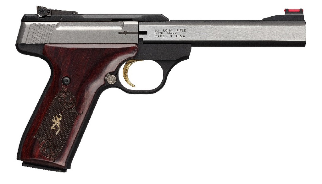 BROWNING 051543490 BUCK MARK MEDALLION 22 LR 10+1 5.50" BLACKENED SS SLAB SIDE BARREL, STAINLESS STEEL SERRATED SS SLIDE, MATTE BLACK ALUMINUM FRAME, CHECKERED ROSEWOOD W/GOLD BUCKMARK INLAY GRIP