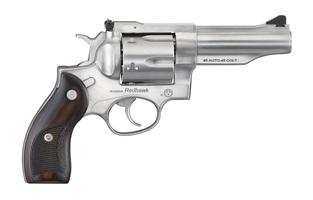 RUGER 5050 REDHAWK  45 ACP/45 LONG COLT 6RD, 4.20" SATIN STAINLESS STEEL BARREL, CYLINDER & FRAME, LASERED HARDWOOD GRIP, EXPOSED HAMMER