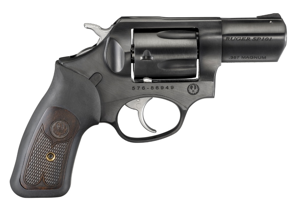 RUGER 15702 SP101  357 MAG 5RD 2.25" BLUED STEEL BARREL, CYLINDER & FRAME, BLACK RUBBER W/WOOD INSERT GRIP, TRANSFER BAR SAFETY, EXPOSED HAMMER