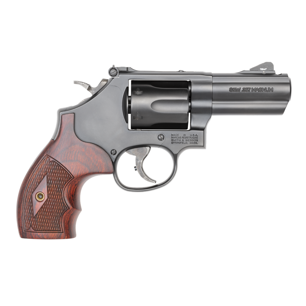 SMITH & WESSON 12039 PC MODEL 19 CARRY COMP K-FRAME 357 MAG 38 S&W SPL +P 6 SHOT 3" BLACK POWERPORT VENTED BARREL BLACK CYLINDER BLACK CARBON STEEL FRAME FINGER GROOVED WOOD GRIP EXPOSED HAMMER