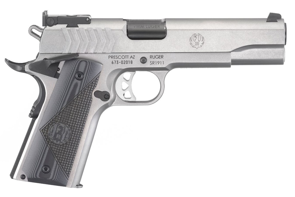 RUGER 6759 SR1911 TARGET 9MM LUGER 9+1 5" BLACK STEEL BARREL, LOW-GLARE STAINLESS STEEL SERRATED SLIDE, LOW-GLARE STAINLESS STEEL FRAME W/BEAVERTAIL, DELUXE CHECKERED G10 GRIP, RIGHT HAND