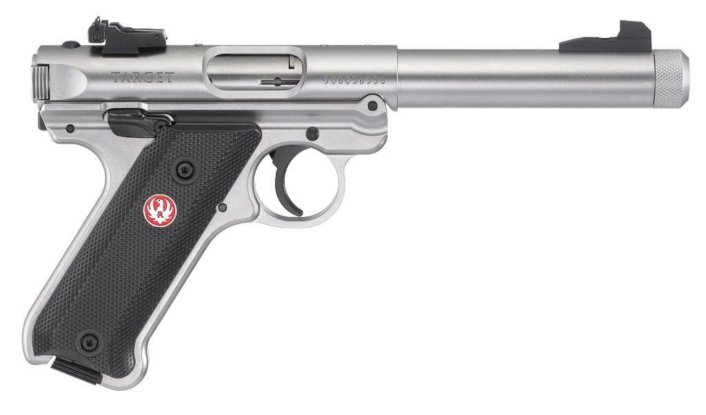 RUGER 40126 MARK IV TARGET 22 LR 10+1 5.50" SATIN THREADED BULL BARREL, DRILLED & TAPPED RECEIVER, SATIN STAINLESS STEEL FRAME, BLACK CHECKERED POLYMER GRIP, RIGHT HAND