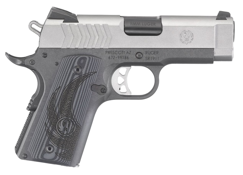 RUGER 6758 SR1911 OFFICER-STYLE 9MM LUGER 7+1 3.60" BLACK STEEL BARREL, SERRATED STAINLESS STEEL SLIDE, TUNGSTEN GRAY CERAKOTE ALUMINUM FRAME W/BEAVERTAIL, DELUXE CHECKERED G10 GRIP