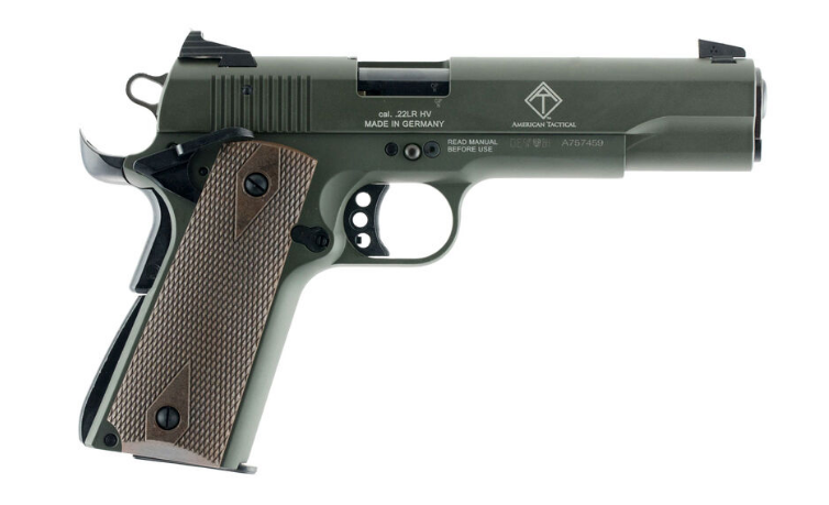 GSG GSG2210M1911G 1911  22 LR 10+1 5" THREADED BARREL, OD GREEN SERRATED SLIDE, OD GREEN ZINC ALLOY W/BEAVERTAIL FRAME, DOUBLE DIAMOND WALNUT GRIP