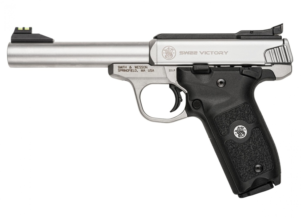 SMITH & WESSON 108490 SW22 VICTORY FULL SIZE FRAME 22 LR 10+1, 5.50" SILVER MATCH GRADE BARREL, SATIN SERRATED SLIDE & FRAME, BLACK TEXTURED GRIP, THUMB SAFETY