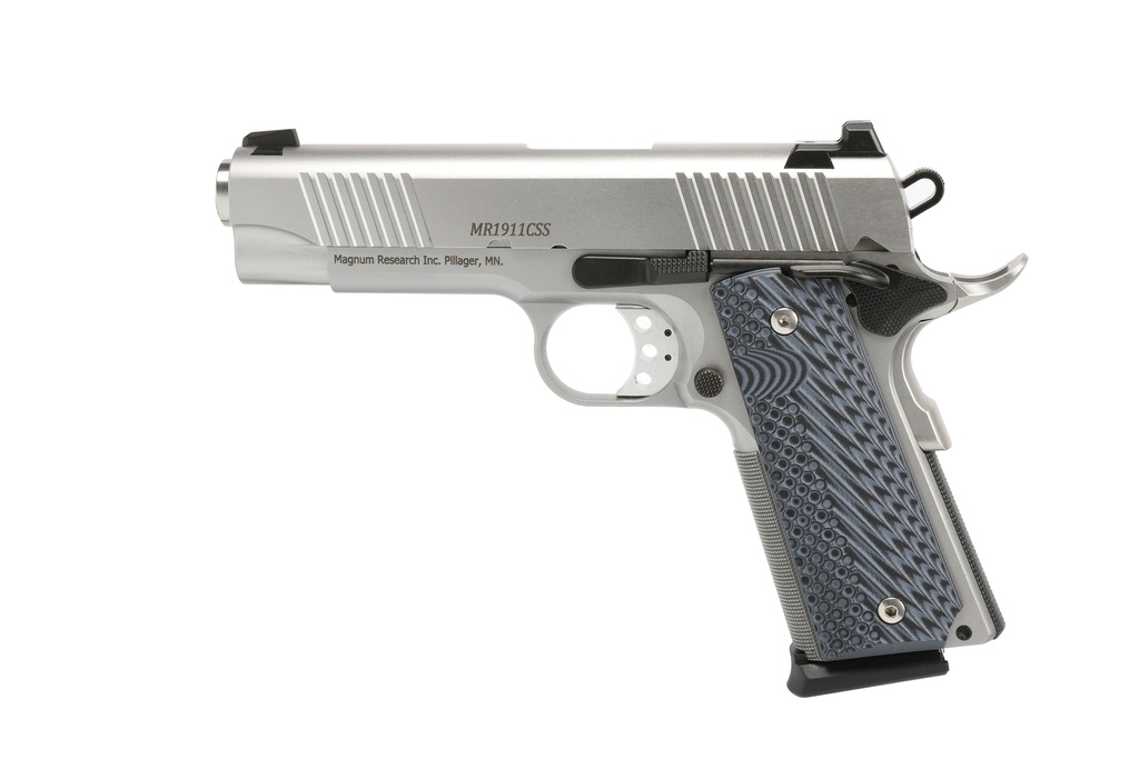 MAGNUM RESEARCH DE1911CSS DESERT EAGLE 1911 C 45 ACP 8+1, 4.30" STAINLESS STEEL BULL BARREL, MATTE STAINLESS STEEL SERRATED SLIDE & FRAME W/BEAVERTAIL, BLACK/GRAY G10 GRIP, GRIP SAFETY, RIGHT HAND