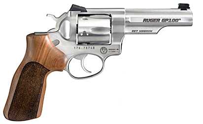 RUGER 1754 GP100 MATCH CHAMPION MEDIUM FRAME 357 MAG 6RD 4.20" SATIN STAINLESS STEEL HALF-LUG BARREL, CYLINDER & FRAME, HOGUE STIPPLED HARDWOOD GRIP, TRANSFER BAR SAFETY, EXPOSED HAMMER