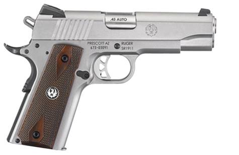 RUGER 6702 SR1911 COMMANDER-STYLE 45 ACP 7+1 4.25" STAINLESS STEEL BARREL, SERRATED STAINLESS STEEL SLIDE, STAINLESS STEEL FRAME W/BEAVERTAIL, HARDWOOD GRIP