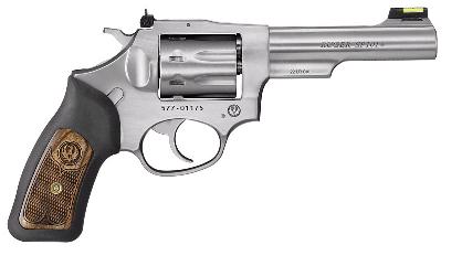 RUGER 5765 SP101  22 LR 8RD 4.20" SATIN STAINLESS STEEL BARREL, CYLINDER & FRAME, BLACK RUBBER W/WOOD INSERT GRIP, TRANSFER BAR SAFETY, EXPOSED HAMMER