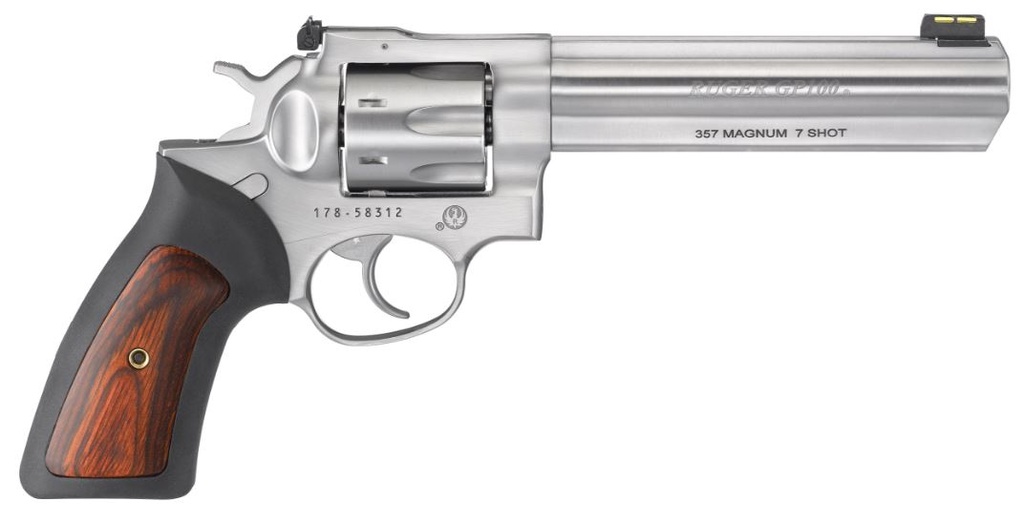 RUGER 1773 GP100  357 MAG 7 SHOT, 6" SATIN STAINLESS STEEL BARREL, SATIN STAINLESS CYLINDER, SATIN STAINLESS STEEL FRAME, BLACK RUBBER W/WOOD INSERT GRIP, EXPOSED HAMMER
