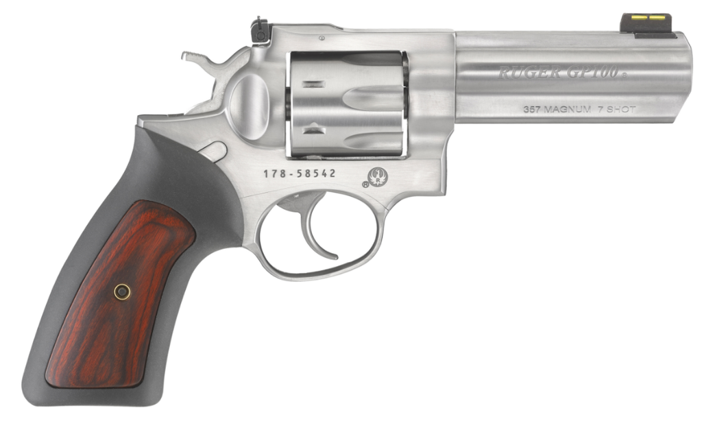 RUGER 1771 GP100  357 MAG 7 SHOT, 4.20" SATIN STAINLESS STEEL BARREL, SATIN STAINLESS CYLINDER, SATIN STAINLESS STEEL FRAME, BLACK RUBBER W/WOOD INSERT GRIP, EXPOSED HAMMER