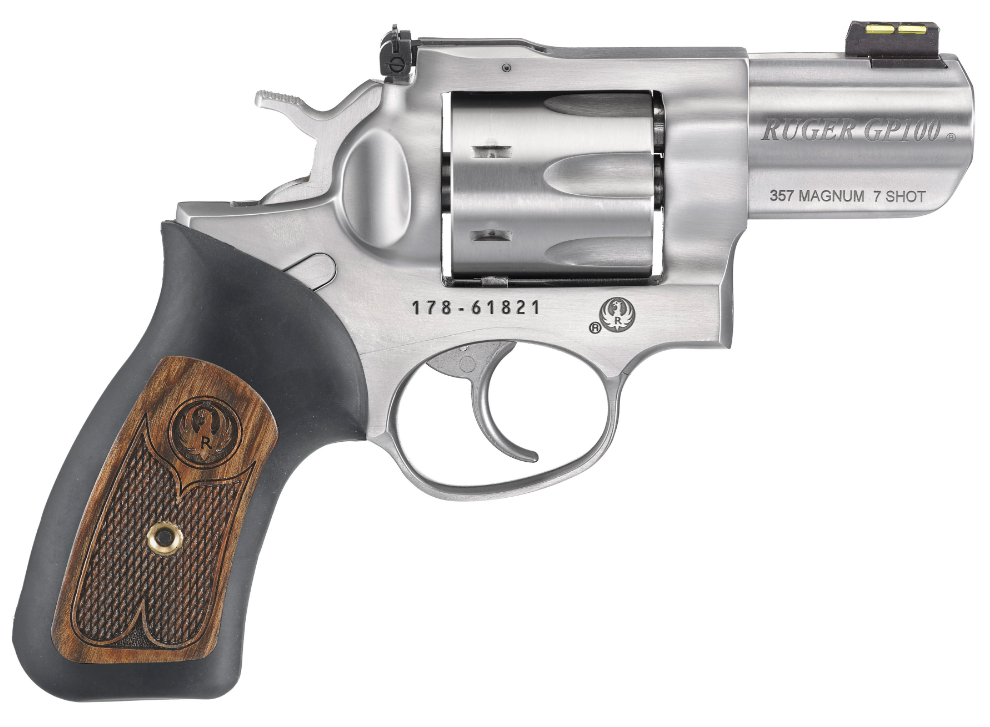 RUGER 1774 GP100  SMALL FRAME 357 MAG 7 SHOT, 2.50" SATIN STAINLESS STEEL BARREL, SATIN STAINLESS CYLINDER, SATIN STAINLESS STEEL FRAME, BLACK RUBBER W/WOOD INSERT GRIP, EXPOSED HAMMER