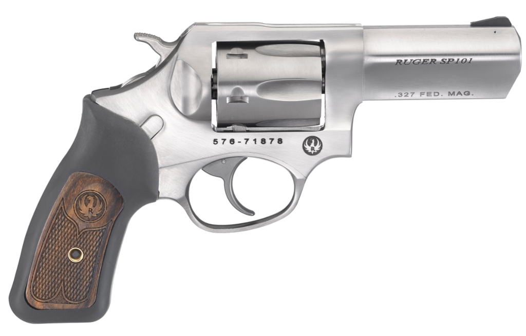 RUGER 5784 SP101  327 FEDERAL MAG  3" BARREL 6RD TRIPLE-LOCKING CYLINDER, SATIN STAINLESS STEEL, CUSHIONED RUBBER WITH ENGRAVED WOOD INSERT GRIP, TRANSFER BAR SAFETY