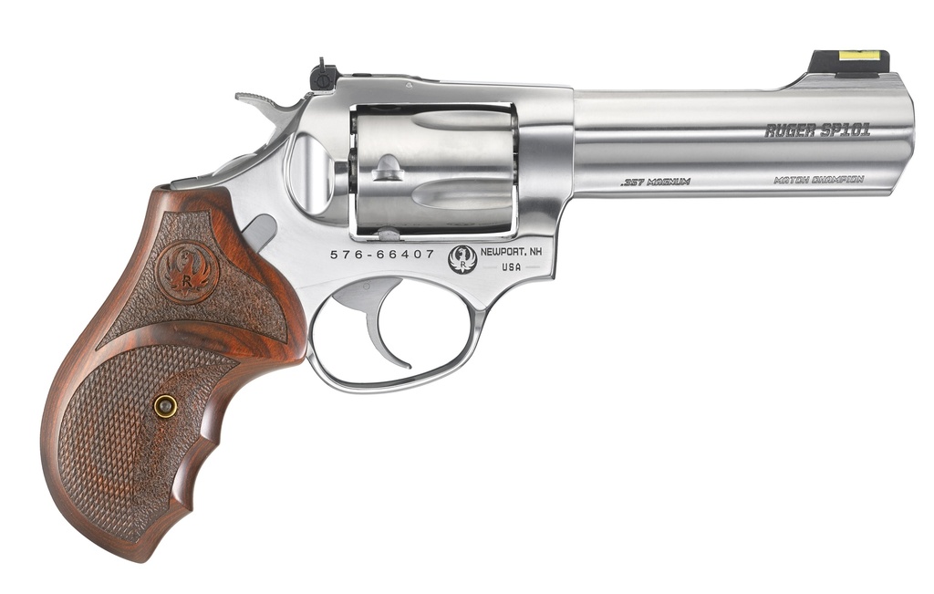 RUGER 5782 SP101 MATCH CHAMPION 357 MAG  4.20" BARREL 5RD TRIPLE-LOCKING CYLINDER, GLOSS STAINLESS STEEL, ALTAMONT STIPPLED/CHECKERED   HARDWOOD GRIP, TRANSFER BAR SAFETY