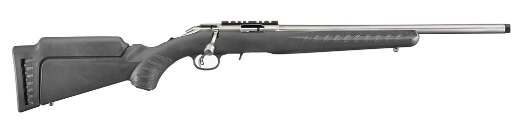 RUGER 8353 AMERICAN RIMFIRE FULL SIZE 17 HMR 9+1 18" SATIN STAINLESS STEEL THREADED BARREL & RECEIVER W/SCOPE RAIL, BLACK FIXED SYNTHETIC STOCK, RIGHT HAND