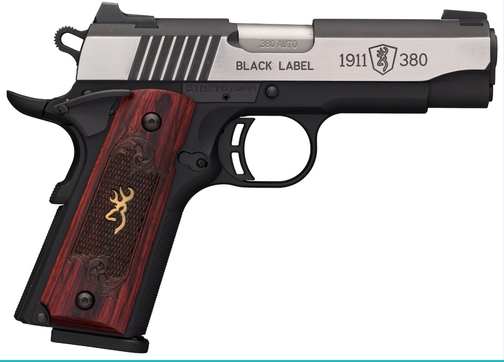 BROWNING 051913492 1911-380 BLACK LABEL MEDALLION PRO COMPACT 380 ACP 8+1, 3.63" TARGET CROWN STEEL BARREL, BLACKENED W/SILVER POLISHED FLATS SERRATED SS SLIDE, MATTE BLACK POLYMER FRAME W/BEAVERTAIL