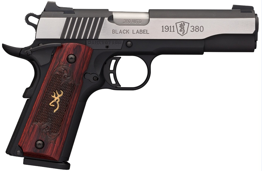 BROWNING 051914492 1911 BLACK LABEL MEDALLION PRO 380 ACP 8+1 4.25" TARGET CROWN BARREL, BLACKENED W/SILVER POLISHED FLATS SERRATED SS SLIDE, MATTE BLACK POLYMER FRAME W/BEAVERTAIL