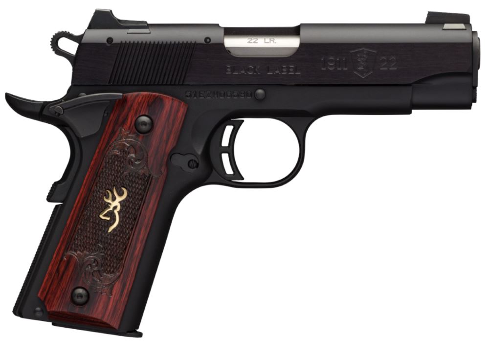 BROWNING 051852490 1911 BLACK LABEL MEDALLION COMPACT 22 LR 10+1, 3.63" TARGET CROWN BARREL, MATTE BLACK SERRATED SLIDE & ALUMINUM FRAME W/BEAVERTAIL