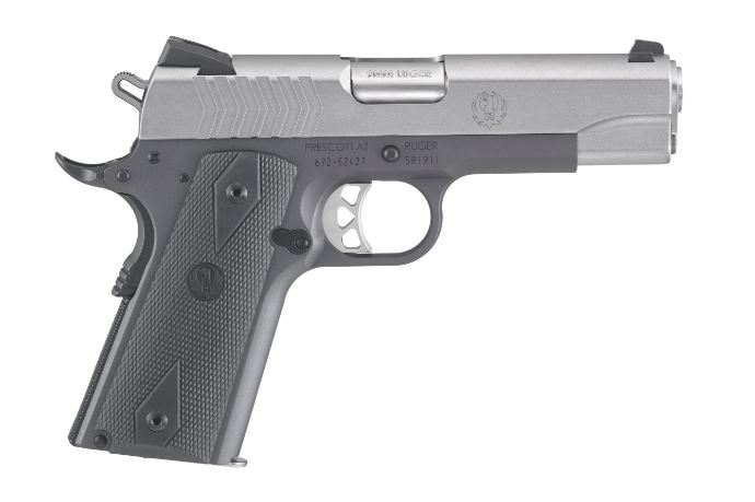 RUGER 6722 SR1911 COMMANDER-STYLE 9MM LUGER 9+1 4.25" STAINLESS STEEL BARREL, LOW-GLARE STAINLESS SERRATED STEEL SLIDE, TUNGSTEN GRAY CERAKOTE ALUMINUM FRAME W/BEAVERTAIL, BLACK RUBBER GRIP