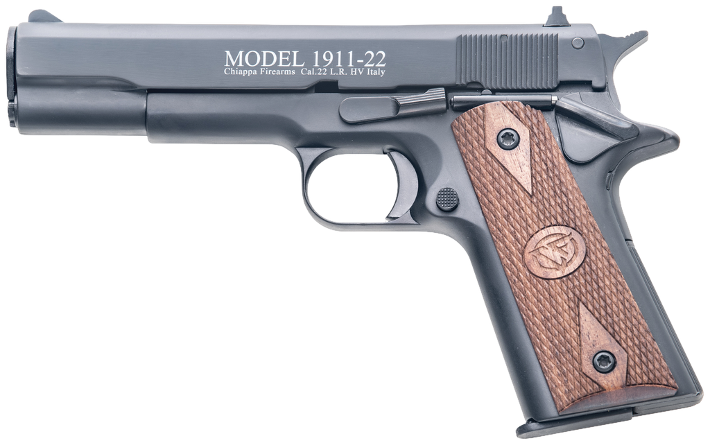 CHIAPPA FIREARMS 401038 1911-22  22 LR 10+1, 5" BLACK STEEL BARREL, BLUED SERRATED SLIDE, BLUED ALUMINUM FRAME W/BEAVERTAIL, STIPPLED WALNUT GRIP, MANUAL THUMB SAFETY, RIGHT HAND