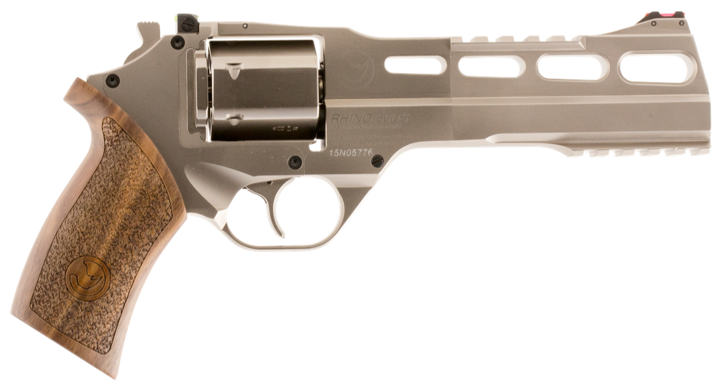 CHIAPPA FIREARMS 340224 RHINO 60DS SMALL FRAME 357 MAG 6 SHOT, 6" NICKEL-PLATED STEEL VENT RIB BARREL & CYLINDER, NICKEL-PLATED ALUMINUM FRAME, WALNUT GRIP, CONCEALED HAMMER