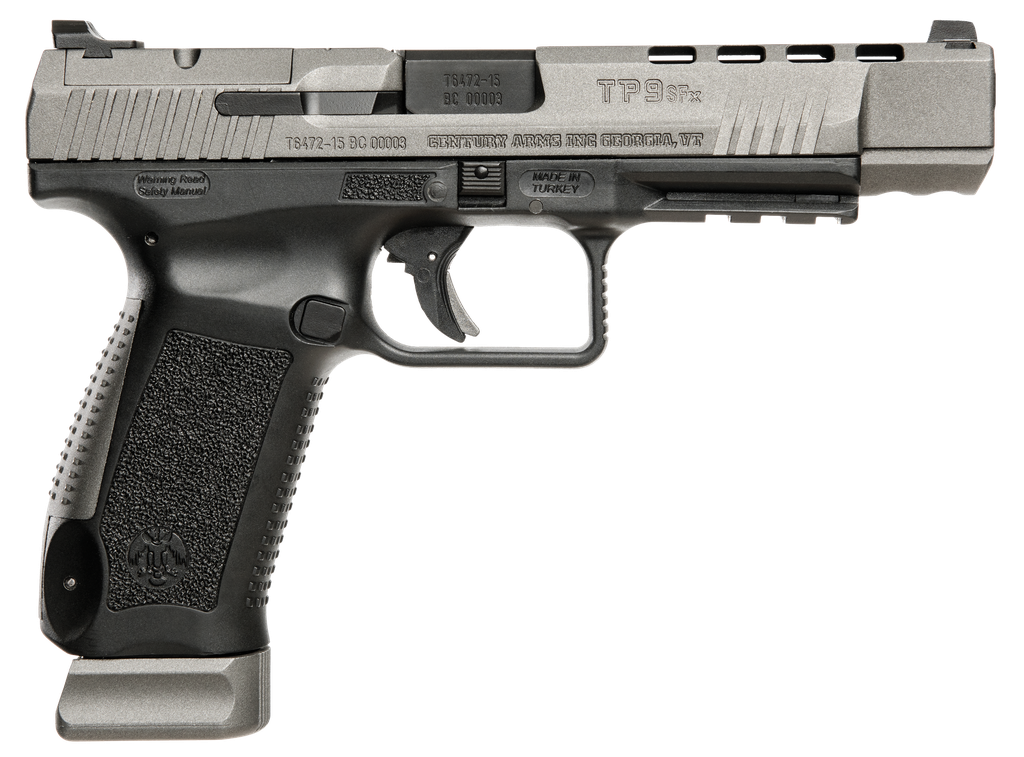 CANIK HG3774GN TP9SFX  9MM LUGER 20+1, 5.20" BLACK NITRIDE MATCH GRADE BARREL, TUNGSTEN GRAY CERAKOTE OPTIC READY/SERRATED W/PORTS STEEL SLIDE, BLACK POLYMER FRAME W/PICATINNY RAIL, AMBIDEXTROUS