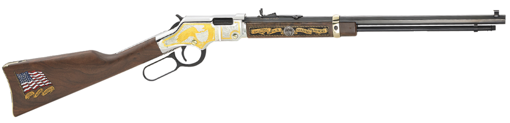 HENRY H004MS2 GOLDEN BOY MILITARY SERVICE TRIBUTE 2 FULL SIZE 22 SHORT, 22 LONG, 22 LR, 16 LR/21 SHORT, 20" BLUED BARREL, NICKEL-PLATED METAL FINISH & AMERICAN WALNUT STOCK RIGHT HAND