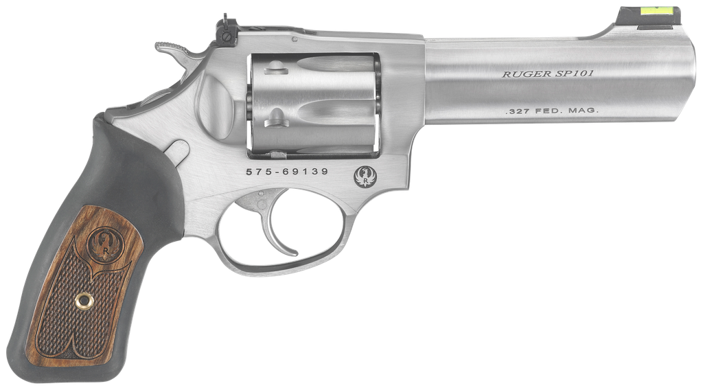RUGER 5773 SP101  SMALL FRAME 327 FEDERAL MAG 6RD, 4.20" SATIN STAINLESS STEEL BARREL, CYLINDER & FRAME, BLACK RUBBER W/WOOD INSERT GRIP, EXPOSED HAMMER, TRANSFER BAR SAFETY