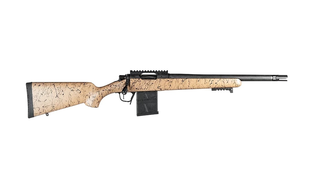 CHRISTENSEN ARMS 8010612100 RIDGELINE SCOUT FULL SIZE 6.5 CREEDMOOR 4+1, 16" BLACK NITRIDE STEEL THREADED BARREL, BLACK NITRIDE ALUMINUM RECEIVER, TAN W/BLACK WEBBING FIXED SPORTER STOCK