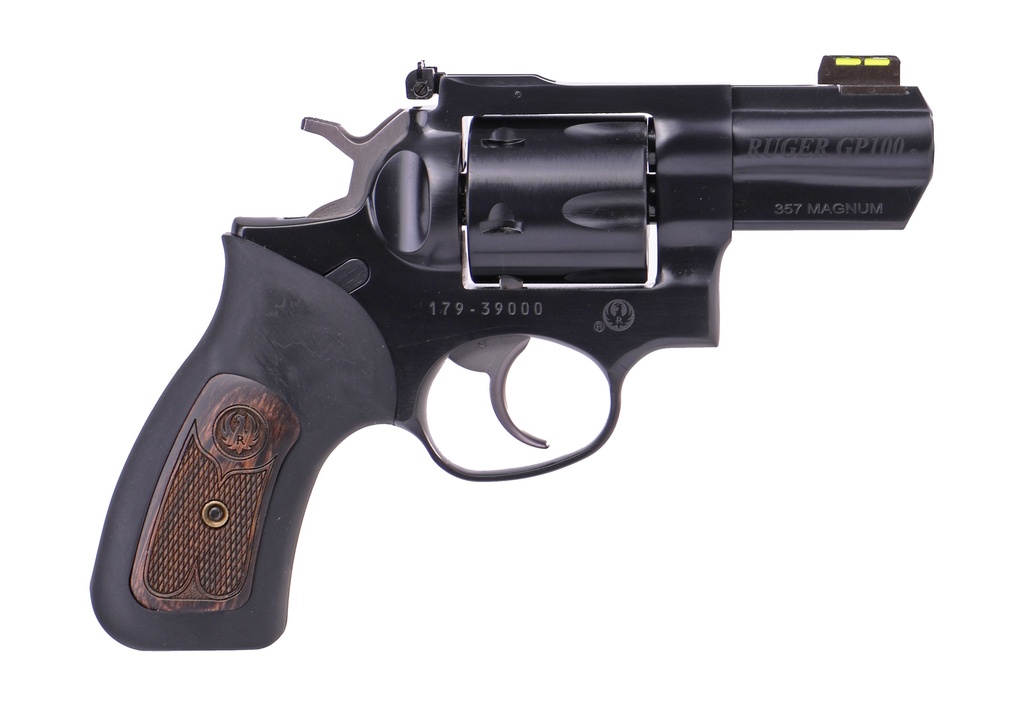 RUGER GP100 357MAG 3" ADJ. BLUE RUBBER W/WOOD INSERT