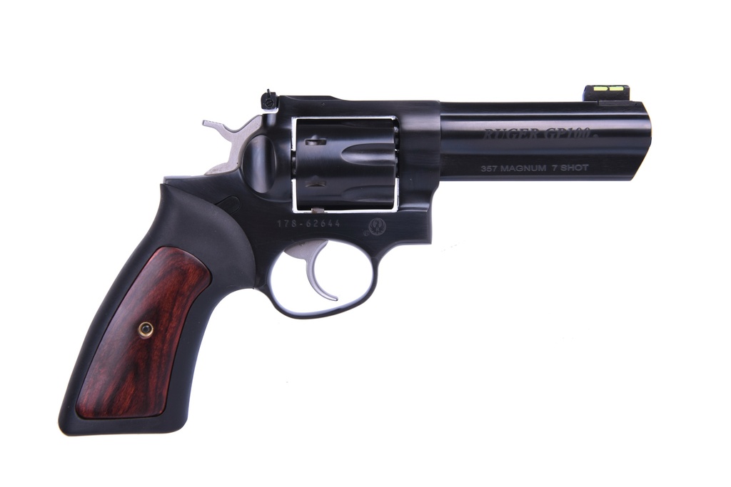RUGER GP100 357MAG 4.20" ADJ. BLUE RUBBER W/HARDWOOD 7-SHOT
