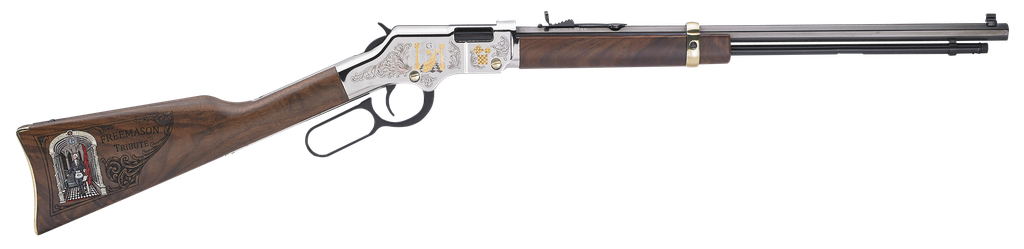 HENRY H004MAS GOLDEN BOY FREEMASONS TRIBUTE FULL SIZE 22 SHORT, 22 LONG, 22 LR, 16 LR/21 SHORT, 20" BLUED BARREL, NICKEL-PLATED METAL FINISH & AMERICAN WALNUT STOCK RIGHT HAND