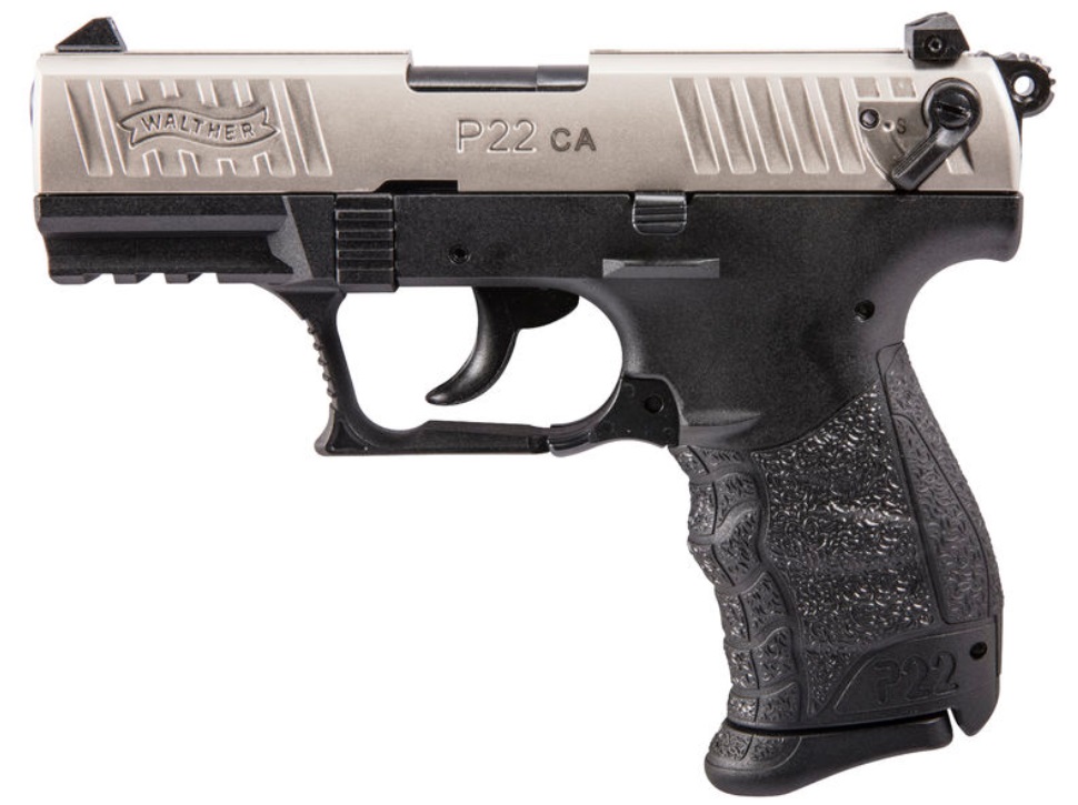 WALTHER ARMS 5120336 P22 *CA COMPLIANT 22 LR 10+1 3.42" NICKEL SERRATED/STEEL SLIDE, BLACK POLYMER FRAME W/PICATINNY RAIL, BLACK INTERCHANGEABLE BACKSTRAP GRIPS