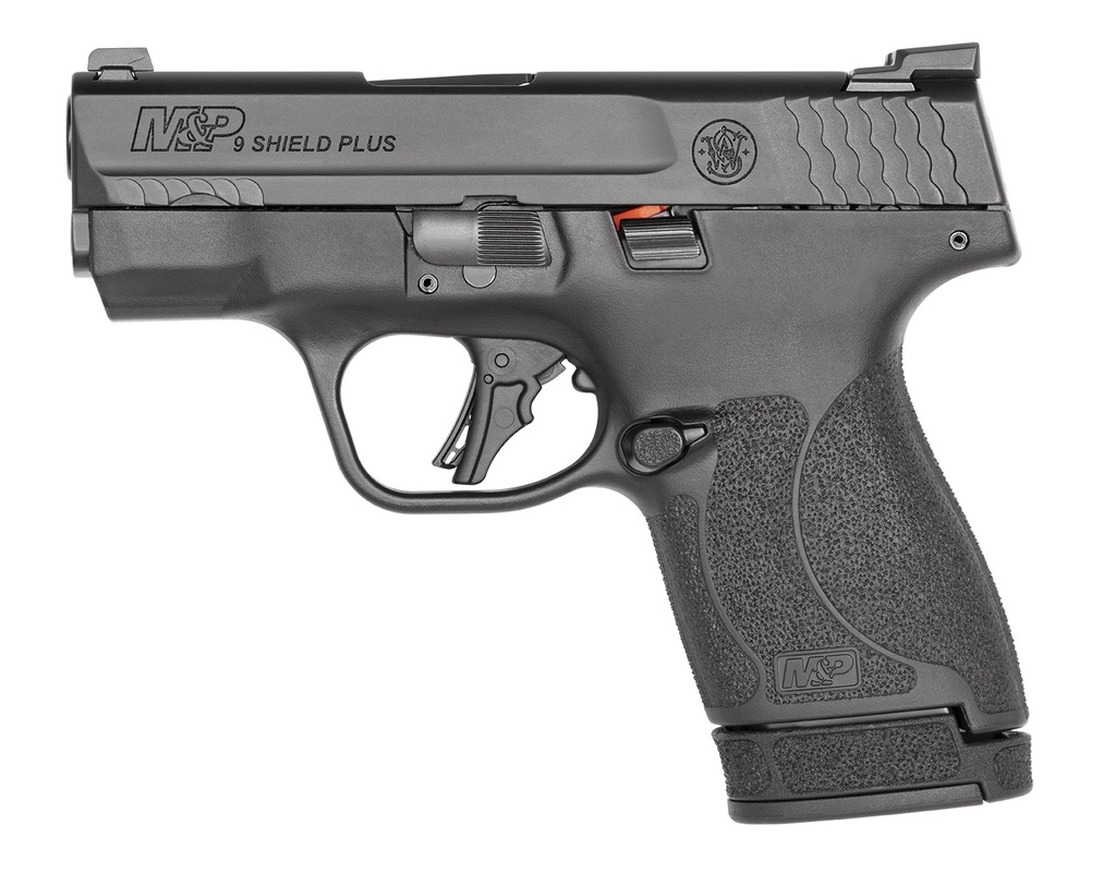 SMITH & WESSON 13250 M&P SHIELD PLUS MICRO-COMPACT 9MM LUGER 10+1/13+1, 3.10" BLACK STAINLESS STEEL BARREL, MATTE BLACK ARMONITE SERRATED SLIDE, MATTE BLACK POLYMER FRAME, NO THUMB SAFETY