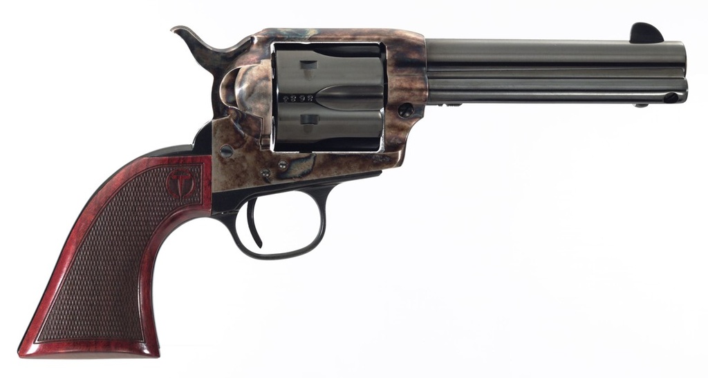 TAYLORS & COMPANY 550812 SMOKE WAGON  45 COLT (LC) CALIBER WITH 4.75" BLUED FINISH BARREL, 6RD CAPACITY BLUED FINISH CYLINDER, COLOR CASE HARDENED FINISH STEEL FRAME & CHECKERED WALNUT GRIP