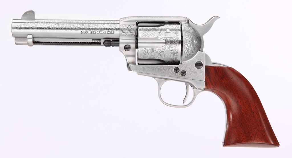 TAYLORS & COMPANY 550926 1873 CATTLEMAN 45 COLT (LC) CALIBER WITH 4.75" BARREL, 6RD CAPACITY CYLINDER, OVERALL WHITE FLORAL ENGRAVED FINISH STEEL & WALNUT GRIP
