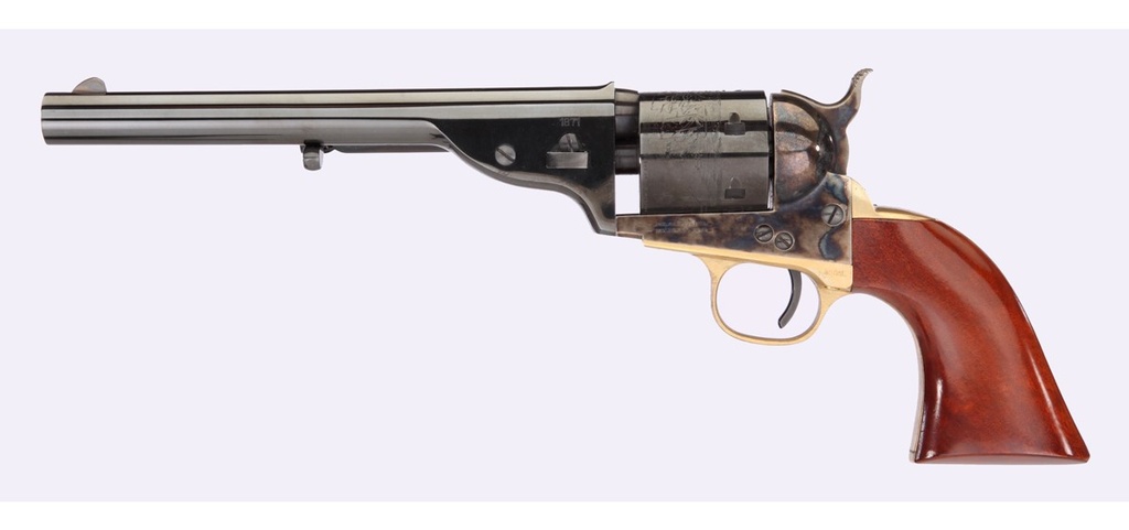 TAYLORS & COMPANY 550725 1851 OPEN-TOP 45 COLT (LC) CALIBER WITH 7.50" BLUED FINISH BARREL, 6RD CAPACITY BLUED FINISH CYLINDER, COLOR CASE HARDENED FINISH STEEL FRAME & WALNUT NAVY SIZE GRIP