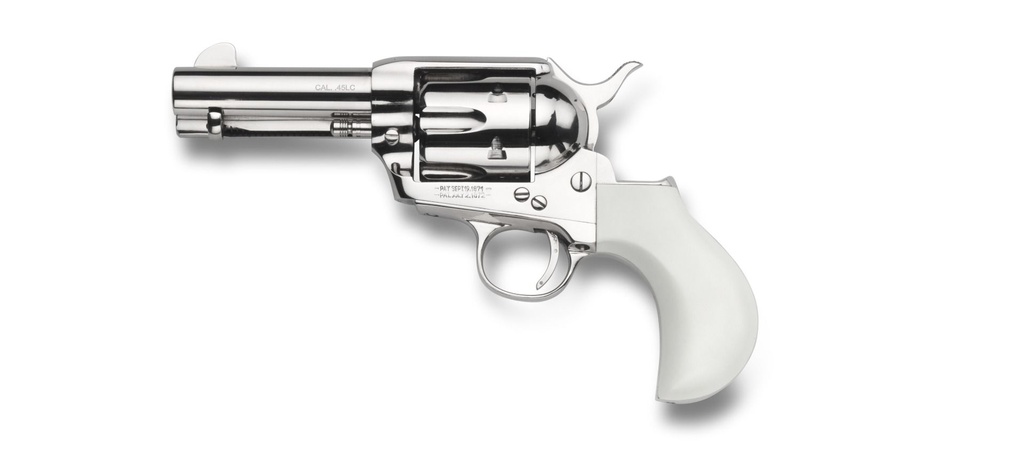 TAYLORS & COMPANY 200111 1873 FLAT TOP PIETTA 9MM LUGER 6 SHOT 3.50" NICKEL ROUND BARREL, CYLINDER & STEEL FRAME, PVC WHITE FLAT BIRDSHEAD GRIP, EXPOSED HAMMER