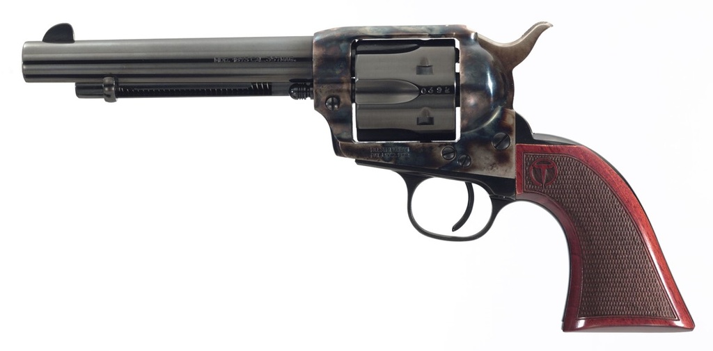 TAYLORS & COMPANY 550811DE SMOKE WAGON UBERTI 357 MAG 6 SHOT 5.50" BLUED ROUND BARREL & CYLINDER, COLOR CASE HARDENED STEEL FRAME, CHECKERED WALNUT NAVY GRIP, EXPOSED HAMMER
