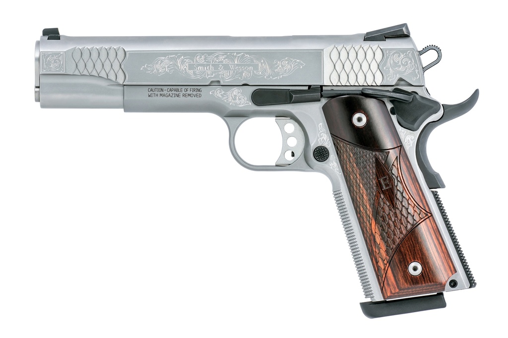 SMITH & WESSON 10270 1911 E-SERIES FULL SIZE FRAME 45 ACP 8+1, 5" STAINLESS STEEL BARREL, GLASS BEAD W/ENGRAVING SERRATED SS SLIDE, MATTE SILVER ENGRAVED SS FRAME W/BEAVERTAIL, AMBIDEXTROUS