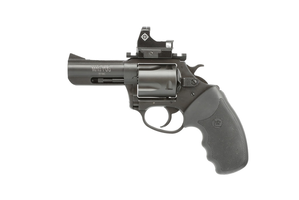 CHARTER ARMS 13535 MAG PUG  LARGE 357 MAG 5 SHOT, 3" BLACK PASSIVATE STEEL BARREL & CYLINDER, BLACK PASSIVATE STEEL W/PICATINNY RAIL FRAME. BLACK COMBAT RUBBER GRIP, INCLUDES MICRO OPTIC