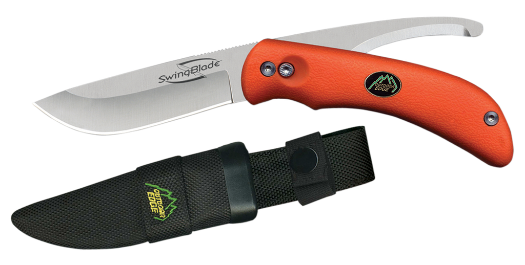 OUTDOOR EDGE SZ20NC SWINGBLADE  3.60"/3.20" FOLDING SKINNING/GUTTING PLAIN AICHI AUS8 SS BLADE BLAZE ORANGE TPR HANDLE