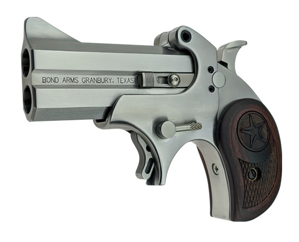 BOND ARMS BACD COWBOY DEFENDER 357 MAG/38 SP 2RD 3" BARREL, STAINLESS METAL FINISH, BLADE FRONT/FIXED REAR SIGHTS, LAMINATED ROSEWOOD GRIP, NO TRIGGER GUARD, MANUAL SAFETY