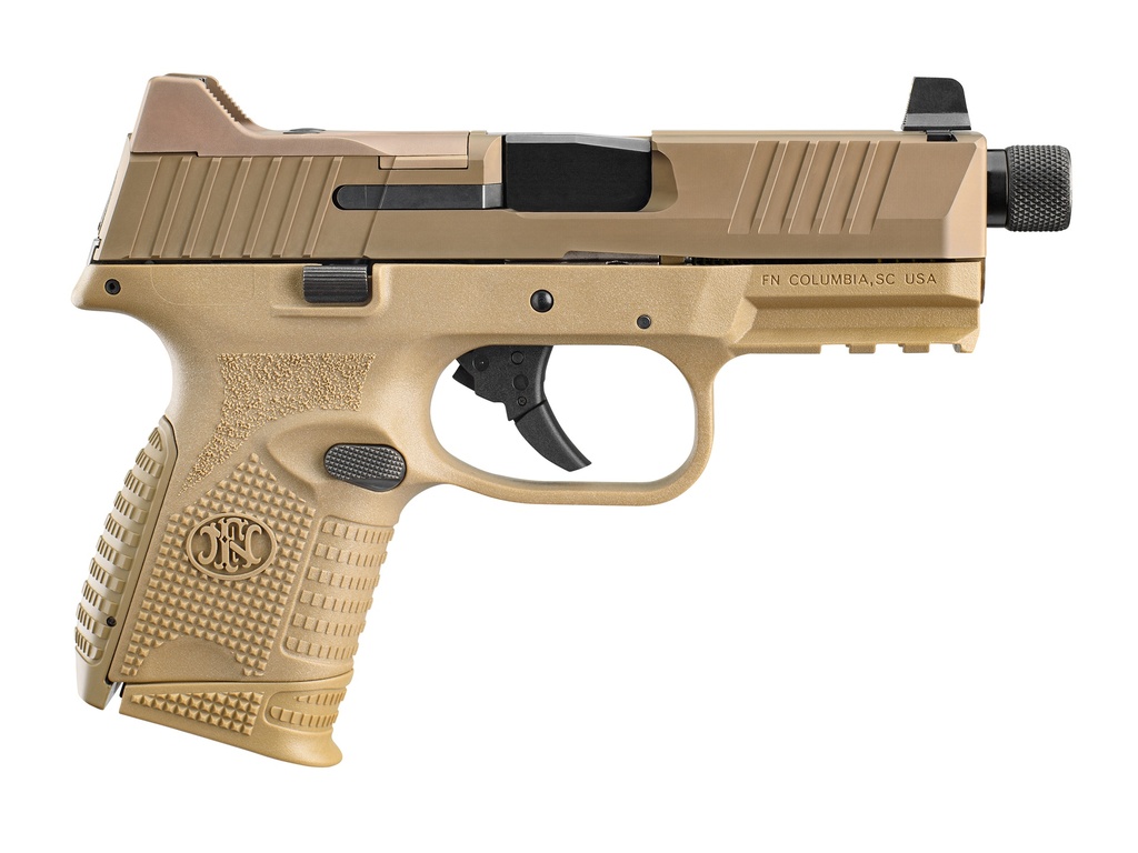 FN 66100781 509CT  COMPACT 9MM LUGER 10+1, 4.32" BLACK STEEL THREADED BARREL, FLAT DARK EARTH PVD OPTIC CUT/SERRATED STAINLESS STEEL SLIDE, FLAT DARK EARTH POLYMER FRAME W/PICATINNY RAIL, AMBIDEXTROUS